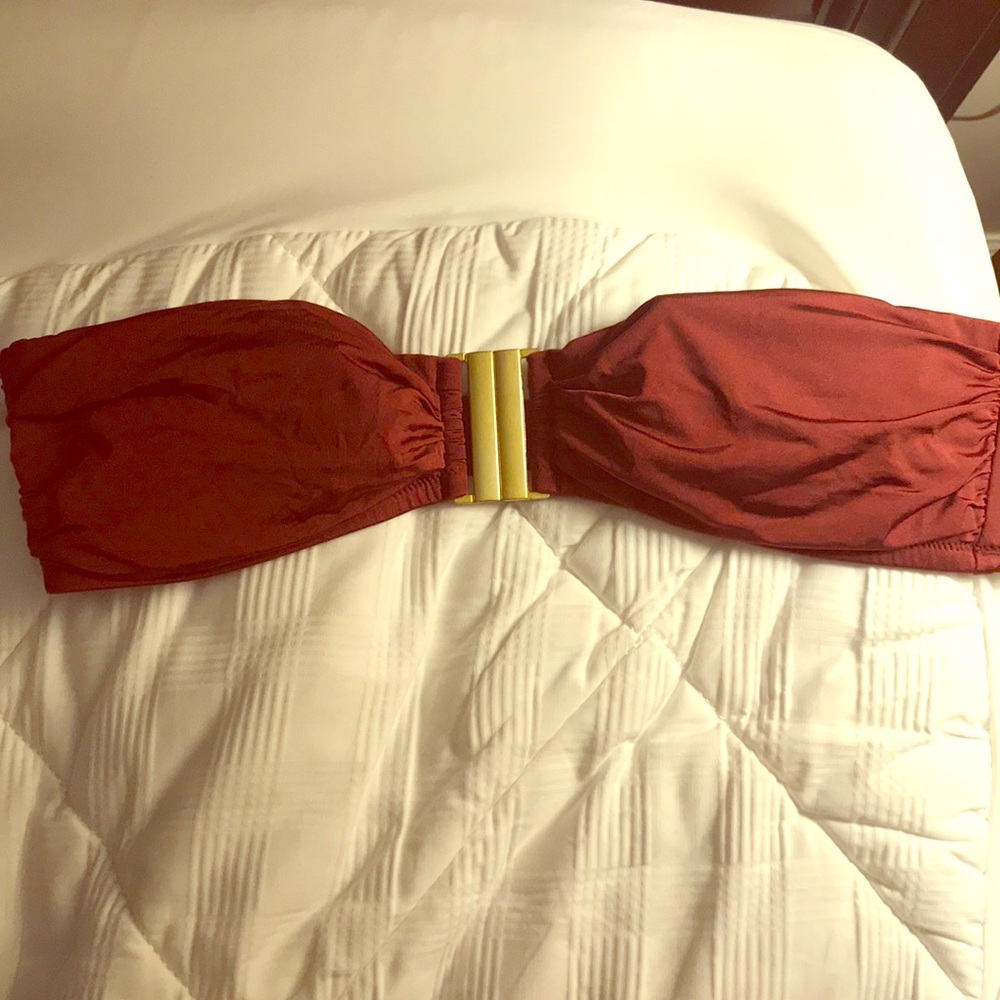 Bandeau burgundy bikini top: J. Crew